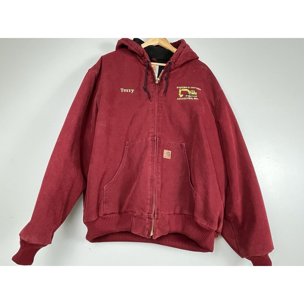 VTG Carhartt Jacket J130 Crimson Red Quilted Canvas Hooded 2XL Excavating Inc